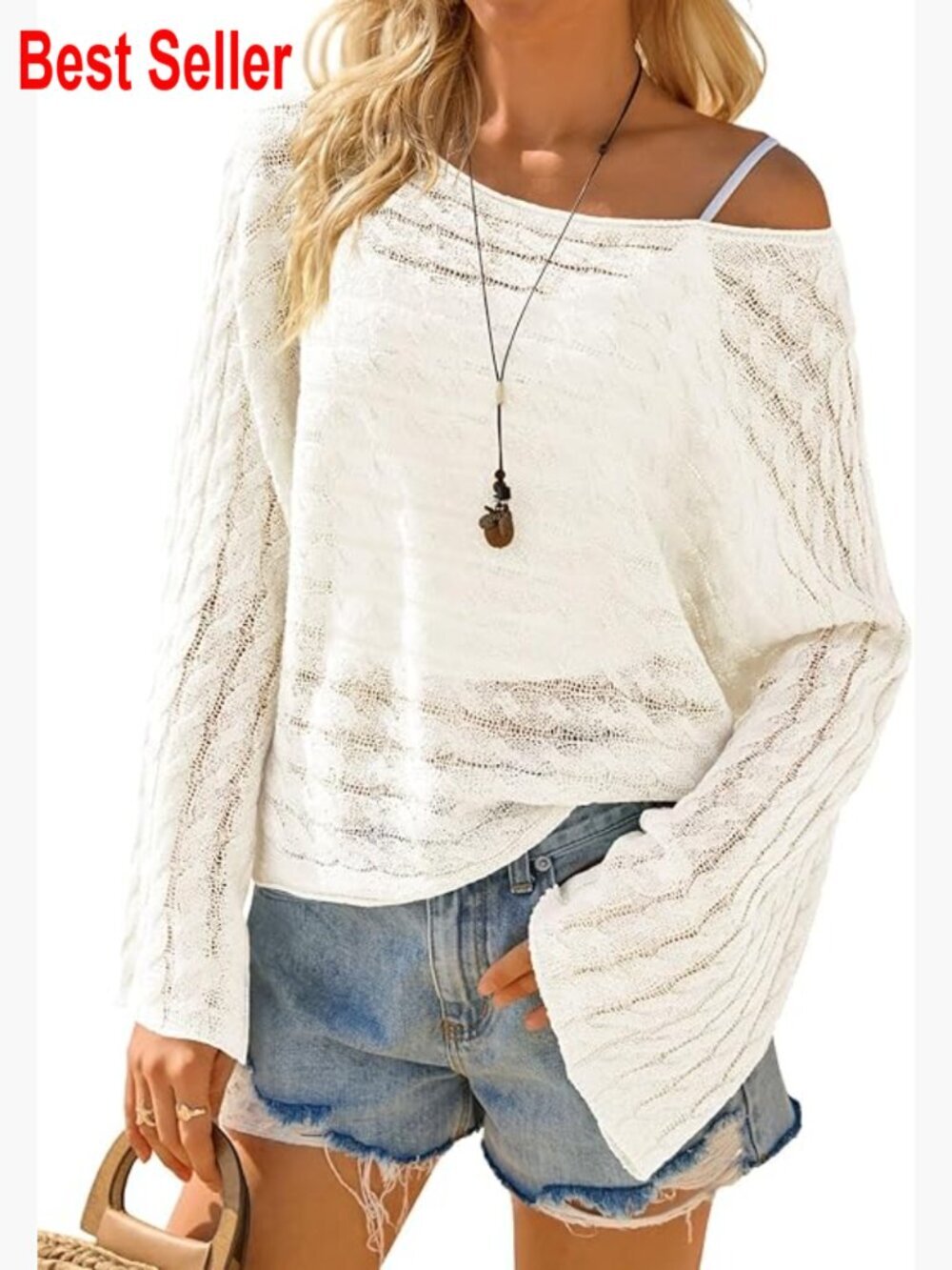 Off Shoulder Crochet Beach Cover Up Long Sleeve Sheer Boho Sweater Top